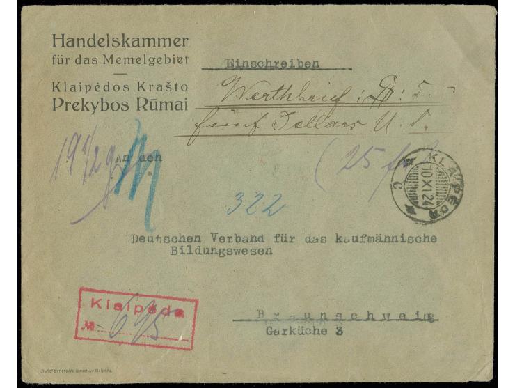 1 L. auf 2000 M. rot mit litauischer Zufrankatur mit Stempel "KLAIPEDA 10.XI.24" rückseitig auf eingeschriebenem Wertbrief de