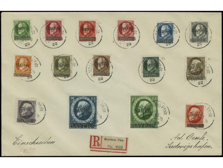 Sarre auf Ludwig 5 Pfg.-10 M. kpl. mit jeweils sauberem Stempel "HOMBURG Pfalz 23 MRZ 20" auf größerformatigem R-Brief nach L
