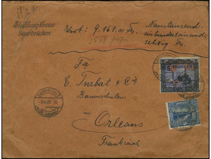 1921, Landschaftsbilder 5 Fr. auf 25 M. mit Zufrankatur mit Stempel "SAARBRÜCKEN -3.4.25" auf Wertbrief über 9161 Fr. nach Or