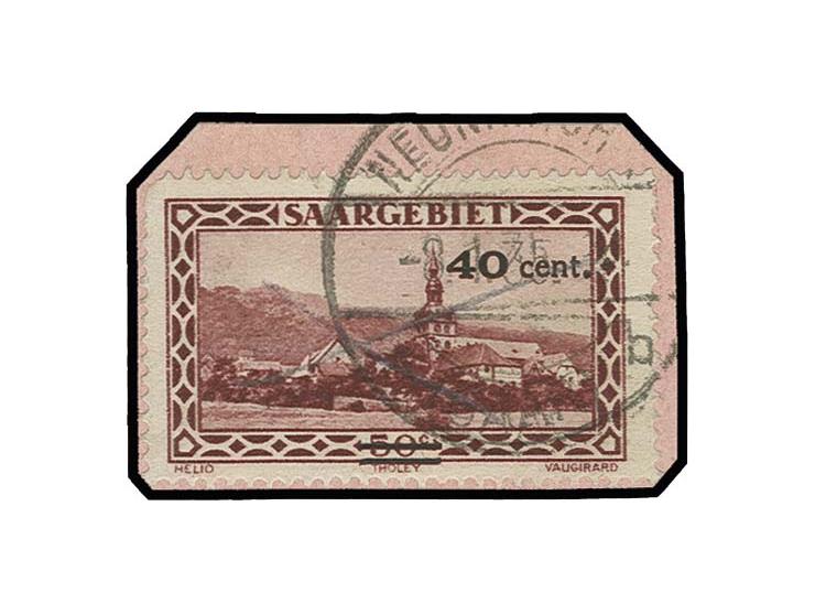 1934, Freimarke 40 C. mit Aufdruck in rot und zusätzlich in schwarz, mit Stempel von Neunkirchen auf Briefstück, etwas eckrun