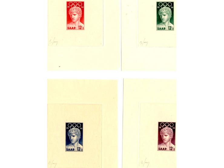 1956, Olympische Sommer 15 Fr. als epreuve d'artist im Blockformat auf Kartonpapier, ohne Gummi wie verausgabt, je 4 Stück in