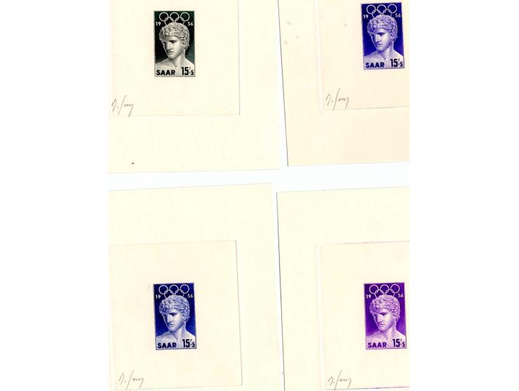 1956, Olympische Sommer 15 Fr. als epreuve d'artist im Blockformat auf Kartonpapier, ohne Gummi wie verausgabt, je 4 Stück in
