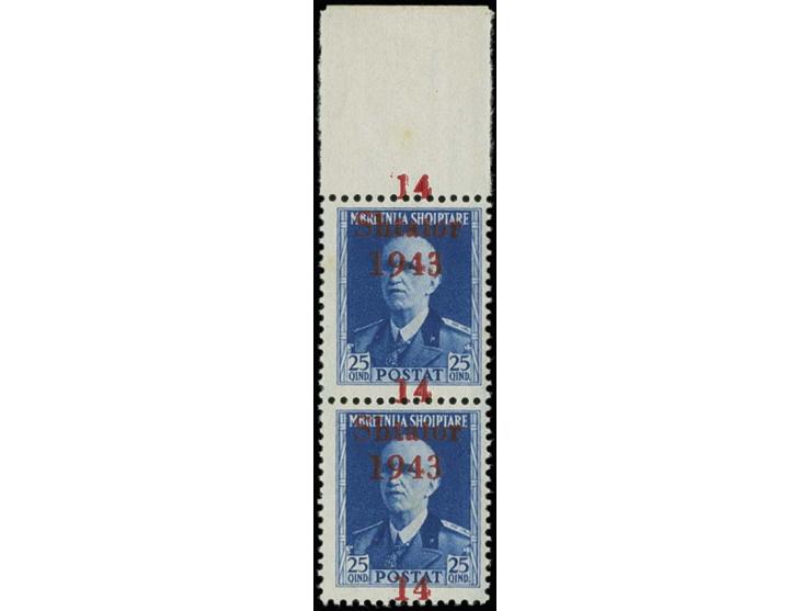 1943, 25 Q. im senkrechten Oberrandpaar mit stark verschobenem Aufdruck, dadurch Zeilenreihenfolge 2-1-1, postfrisch, Kabinet