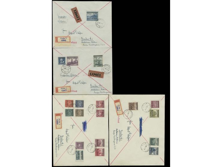 1939, Aushilfsausgabe 5 H.-10 Kc. komplett mit Stempel "PRAHA 1 9.VIII." auf 4 überfrankierten Einschreibe-Briefen nach Dresd