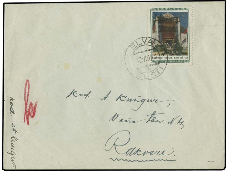 Karelo-Finnische SSR 30 K. mit sauberem Stempel "ELVA B 10 VIII 41" auf Umschlag, rückseitig nicht zeitgerechter Klebezettel,