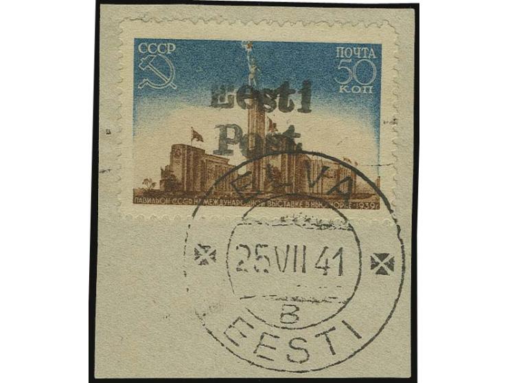 Sowjetischer Ausstellungspavillon 50 K. mit sauberem Stempel "ELVA B 25 VII 41" auf kleinem Briefstück, Kabinett, bisher sind