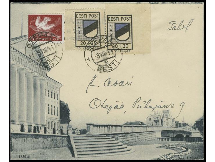 30 K. Type II und 20 K. gezähnt und Estland 1940, 15 S mit Stempel "OTEPÄÄ -8 VIII 41" auf eingeschriebenem, illustrierten Um