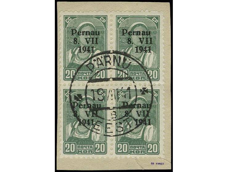 20 K. im Viererblock mit klarem Stempel "PÄ'RNAU 19 VIII 41" auf Briefstück, Kabinett, sign. Vaher und Fotoattest Löbbering B