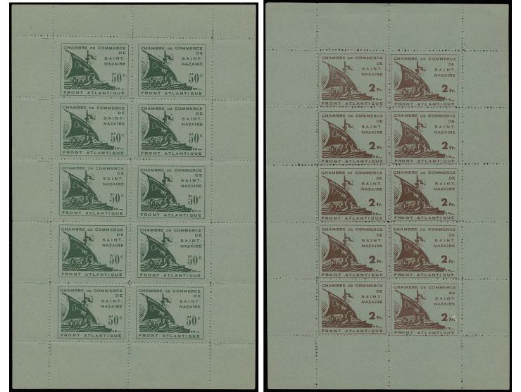 50 C. und 2 Fr., je im kompletten 10er-Bogen, zwei Falze im Rand, einwandfrei, sign. Calves