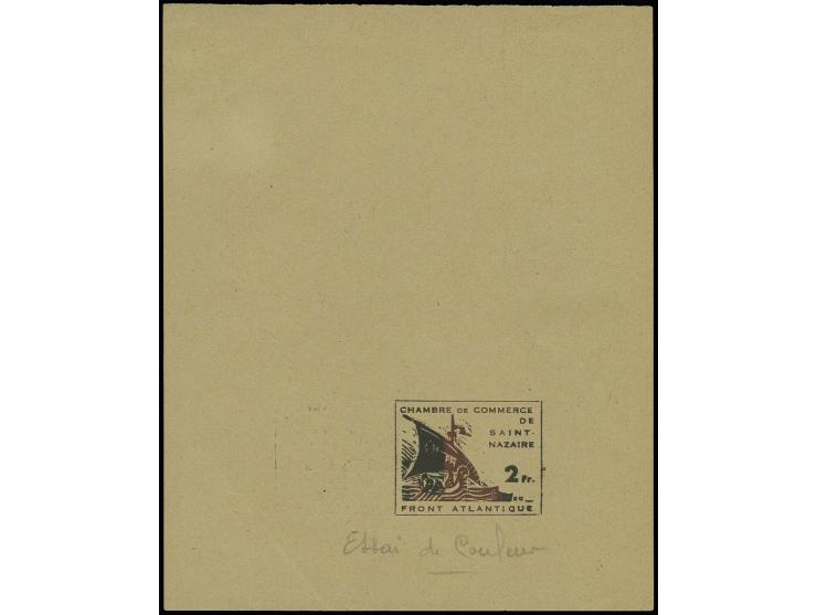 2 Fr., Farbproben vorder- und rückseitig auf bräunlichem Papier (125x153mm), eine Seite mit dunkelviolettbrauner Marke, die a