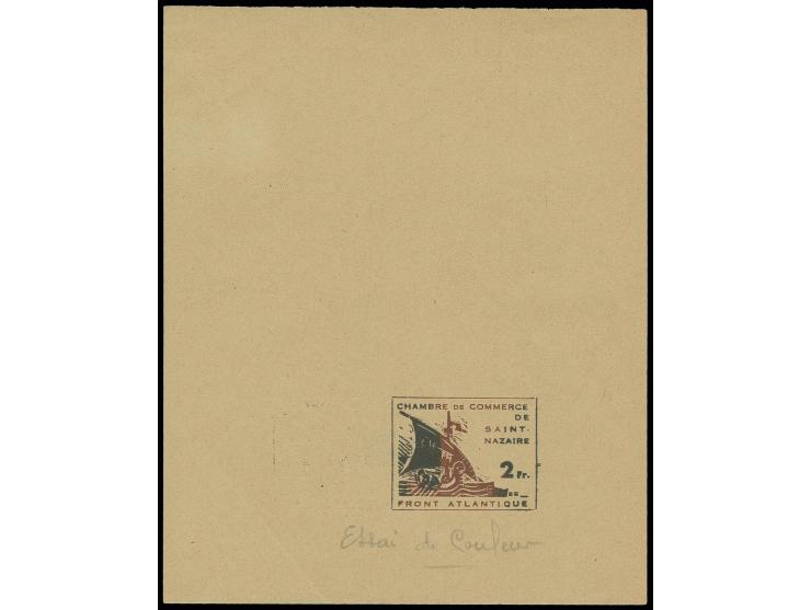 2 Fr., Farbproben vorder- und rückseitig auf bräunlichem Papier (125x153mm), eine Seite mit dunkelviolettbrauner Marke, die a