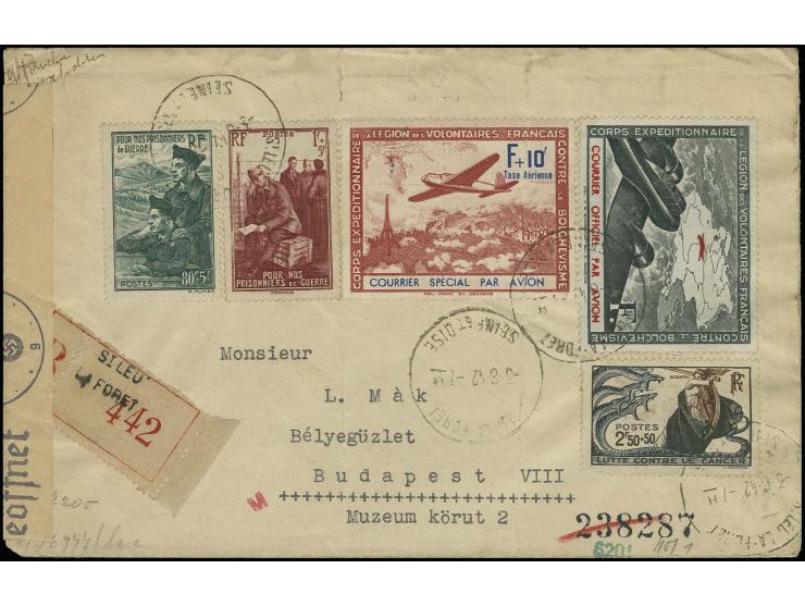 Flugpost 10 Fr. schwarzgrün und 10 Fr. karmin mit Aufdruck und französischer Zufrankatur mit Stempel "ST. LEU LA FORET -3.8.4