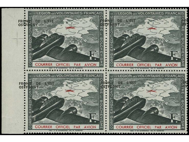 1942, Aufdruck "OSTFRONT": 10 Fr. im Viererblock mit linkem Bogenrand, mit horizontal stark verschobenem Aufdruck, die oberen