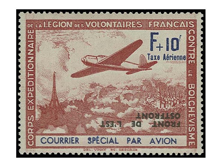 10 Fr. mit kopfstehendem Aufdruck mit Plattenfehler "N in AVION oben verkürzt", postfrisch, Kabinett, sign. mit Fotoattest Sc