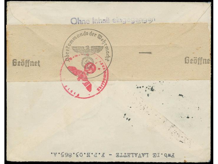 1 Fr. blaugrün/blauschwarz im Viererblock aus der rechten oberen Bogenecke mit zwei Zierfeldern rechts mit Feldpoststempel au