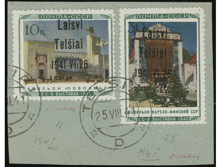 Landwirtschafts-Ausstellung 10 K. und Karelo-Finnische SSR 30 K., je Type III mit Aufdruckfehler "194i statt 1941", mit Stemp