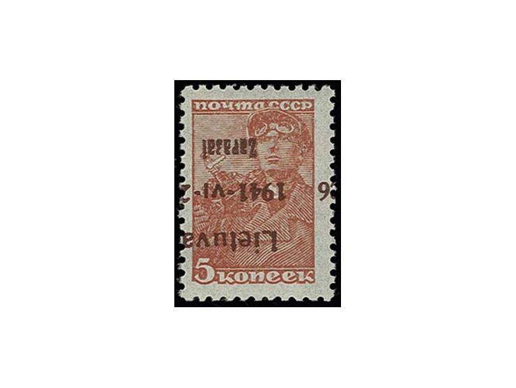 1941, Aufdruck braunlila bzw. braunrot: 5 K. mit kopfstehendem Aufdruck (Type I) in braunlila (nach links verschoben), postfr