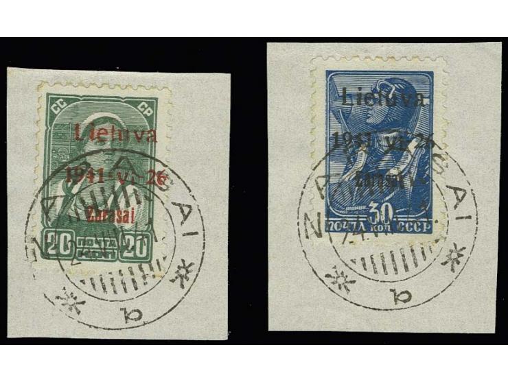 20 und 30 K. (Aufdruck schwarz) je mit Aufdruckfehler "Vi statt VI", je sauber mit Stempel "ZARASAI 24.VIII.41" auf Briefstüc