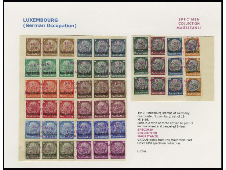 1940, 3-100 Pfg. je im waagerechten bzw. senkrechten Dreierstreifen auf Papierunterlage mit rotem Handestempelaufdruck "SPECI