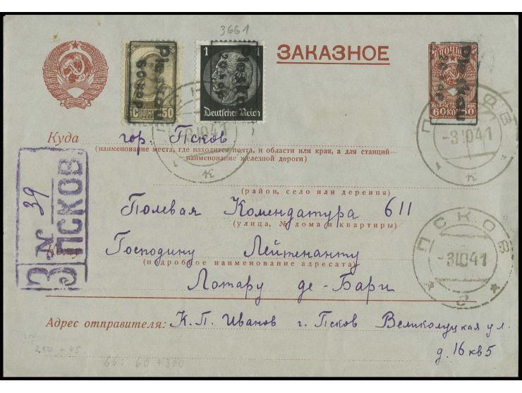 1941, 20 K. auf 1 Pfg., Aufdruck schwarz, mit Stempel "PSKOW -3 10 41" mir Zufrankatur auf eingeschriebenem 20 K. Ganzsachenu