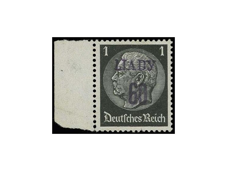 1941, Hindenburg 1 Pfg. mit schwarzviolettem Aufdruck, linkes Randstück, ungebraucht ohne Gummi, einwandfrei (Rand mit roter 