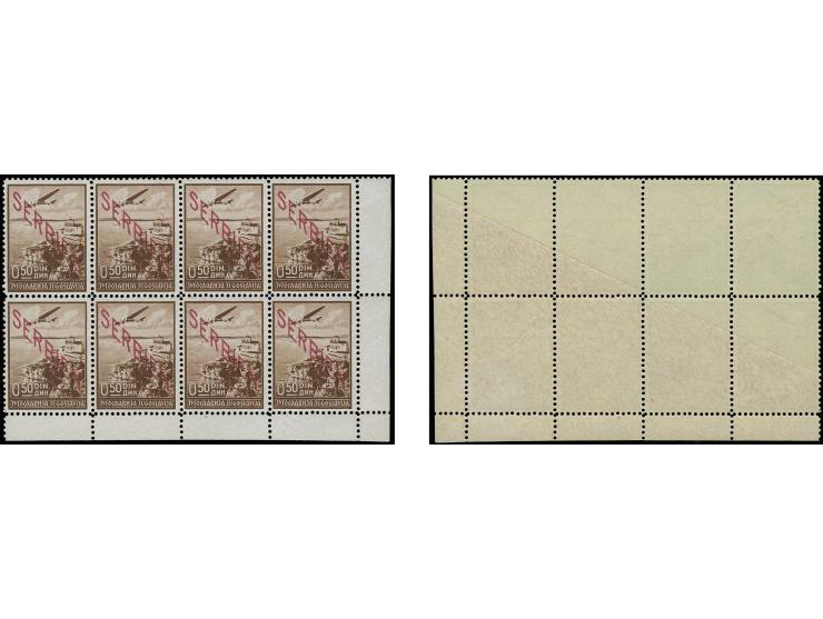 1941, Flugpost 0.50 Din. dunkelbraun im 8er-Block aus der rechten unteren Bogenecke ohne Netzüberdruck, durch einen von links