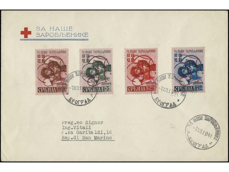 Serbische Kriegsgefangene 0.50 - 4 Din. mit Stempeln "BEOGRAD -7.XII,1941 auf adressiertem Umschlag, mit gefälligkeitshalber 
