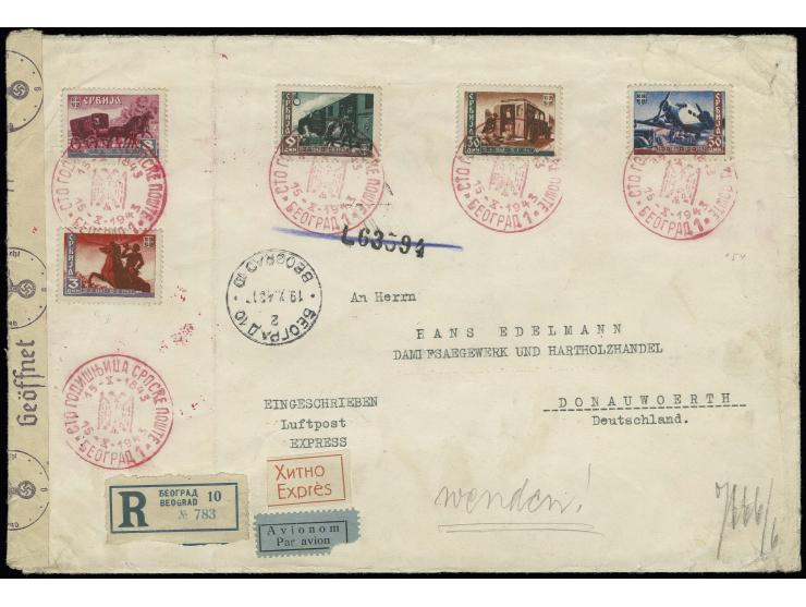 100 Jahre serbische Post 3-50 Din. mit rotem Stempel "BEOGRAD 15-X-1943" mit rückseitiger Zufrankatur auf eingeschriebenem Lu