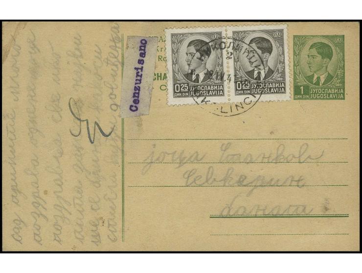 GANZSACHEN: 1941, Jugoslawien 0.25 Din. schwarz im waagerechtem Paar mit Stempel "NIKOLINCI  8.IV.41" als Zufrankatur auf Gan