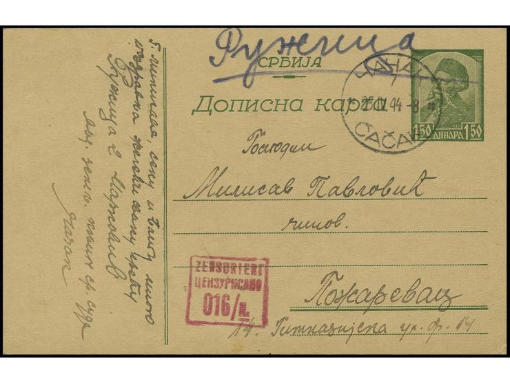 1942, Karte 1,50 Din. grün mit Stempel "CACAK 25.IV.44"  nach Pozarevac, mit sehr seltenem rotem Zensurstempel, gute Erhaltun