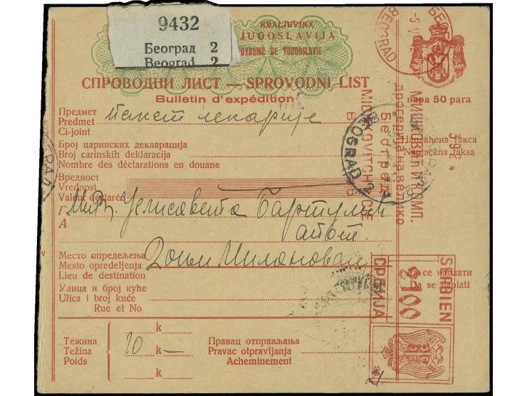 1942, 21 Din. Absenderfreistempel der Firma "MICHKOVITCH & CIE" auf kompletter Paketkarte von "BEOGRAD 5.V.42" nach "DONJI MI