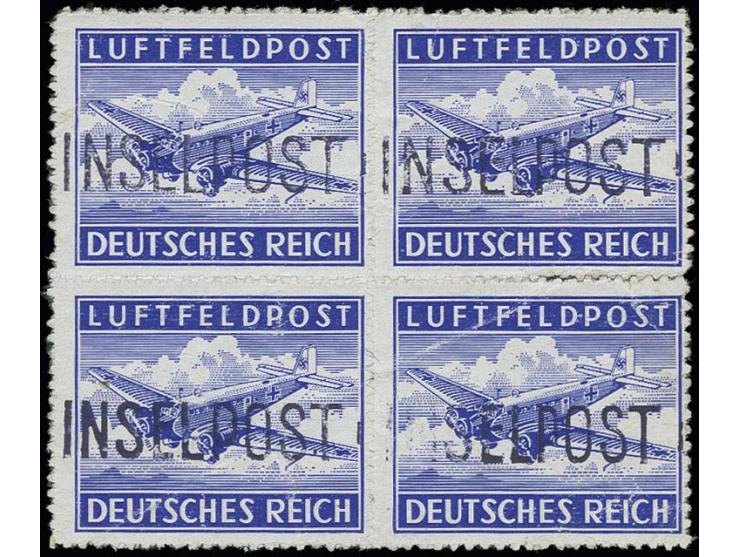 Leros durchstochen im 4er-Block mit allen vier Aufdruck-Typen, Fotoattest Petry BPP "Die Gummierung zeigt in Folge der Unfein