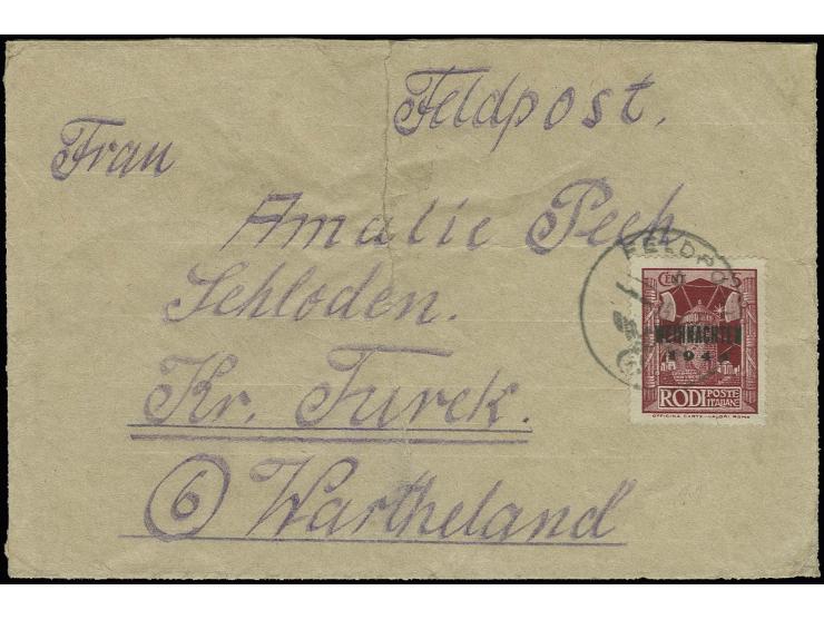 1945, Insel Rhodos, Weihnachtsmarke, Aufdrucktype I mit Normstempel "b 15.1." (Postamt Rodi auf Rhodos) auf Brief mit rücksei
