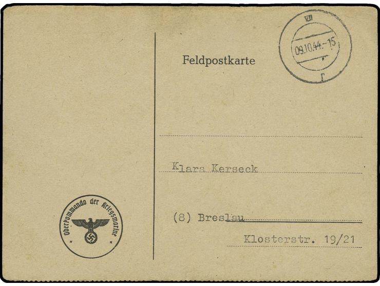 Funk-Mitteilungskarten: St. Nazaire: 1944, Karte (gering fleckig) mit Tarnstempel (VII oben, r und unten), vom 9.10.44 nach B
