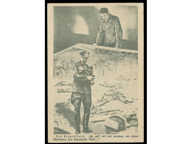 Karte mit aufgesetztem Feldpoststempel und Text "Schlagt Ihr Hitlers Bande tot ...", schwache Eckknitter (Mi.1.700,-)