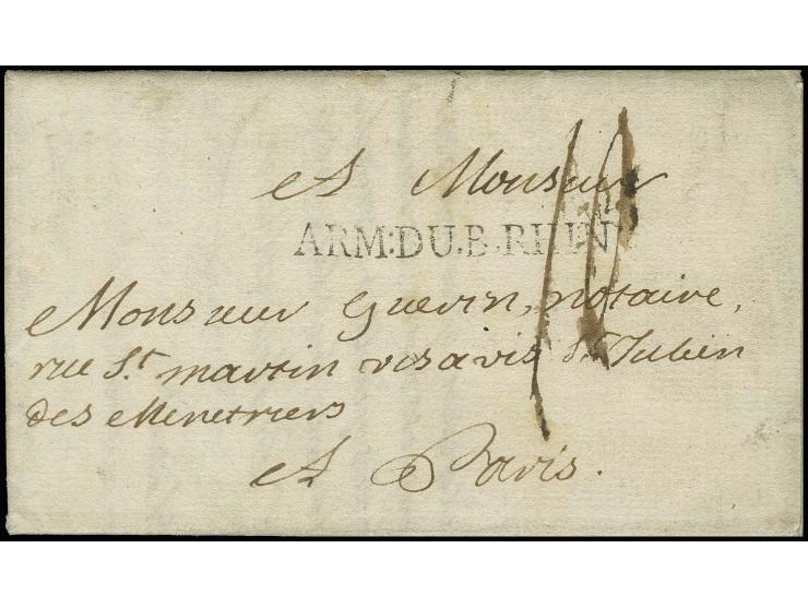 1759 (ca.), "ARM: DU. B. RHIN", L1 sauber auf kpl. Brief von Wesel nach Paris