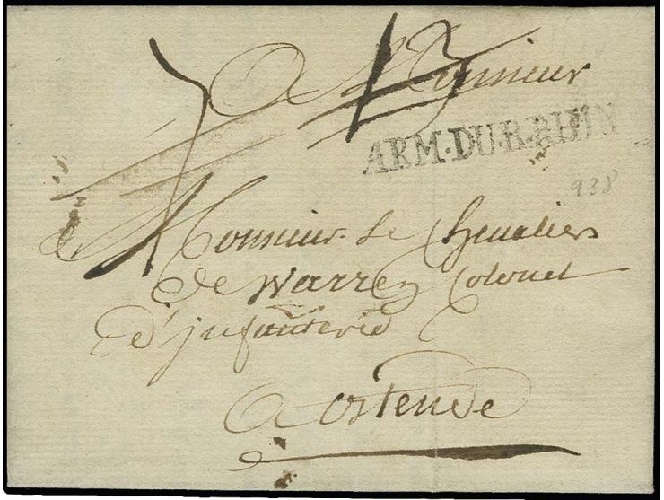1759, "ARM. DU. B. RHIN", L1 auf kpl. kleinem Brief von Düsseldorf nach Ostende