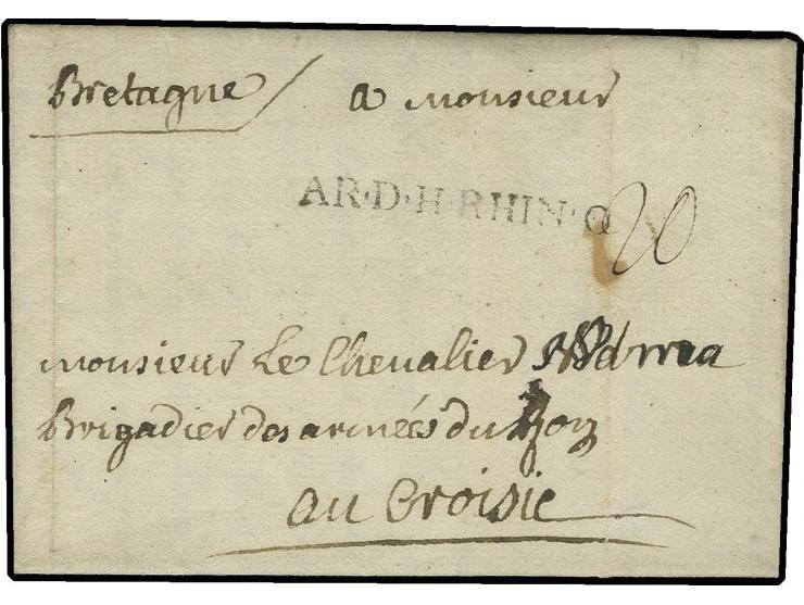 1760, "ARM. DU. B. RHIN.", L1 sehr sauber auf kpl. Brief von Kleve nach Paris, selten