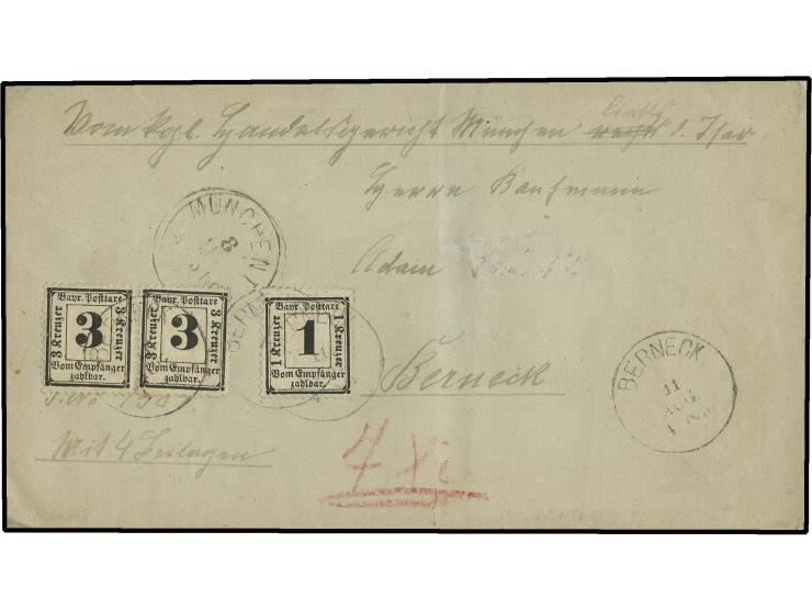 1870, 1 Kr. schwarz und 3 Kr. schwarz im waagerechten Paar mit EKr. "BERNECK 11 AUG." auf unfrankierter Briefhülle (rückseiti