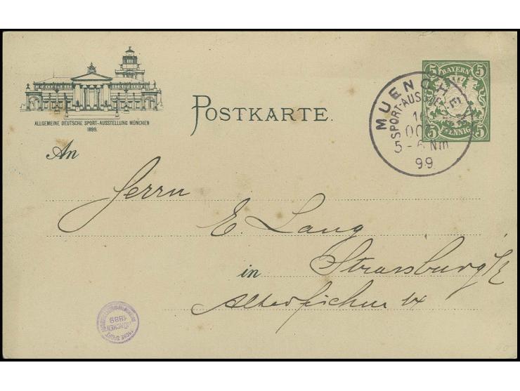 8 verschiedene offizielle Ganzsachenkarten "ALLGEMEINE DEUTSCHE SPORTAUSSTELLUNG" (Nr. 1, 2, 5-8, 10, 12), alle mit Sonderste