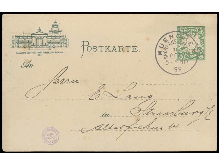 8 verschiedene offizielle Ganzsachenkarten "ALLGEMEINE DEUTSCHE SPORTAUSSTELLUNG" (Nr. 1, 2, 5-8, 10, 12), alle mit Sonderste