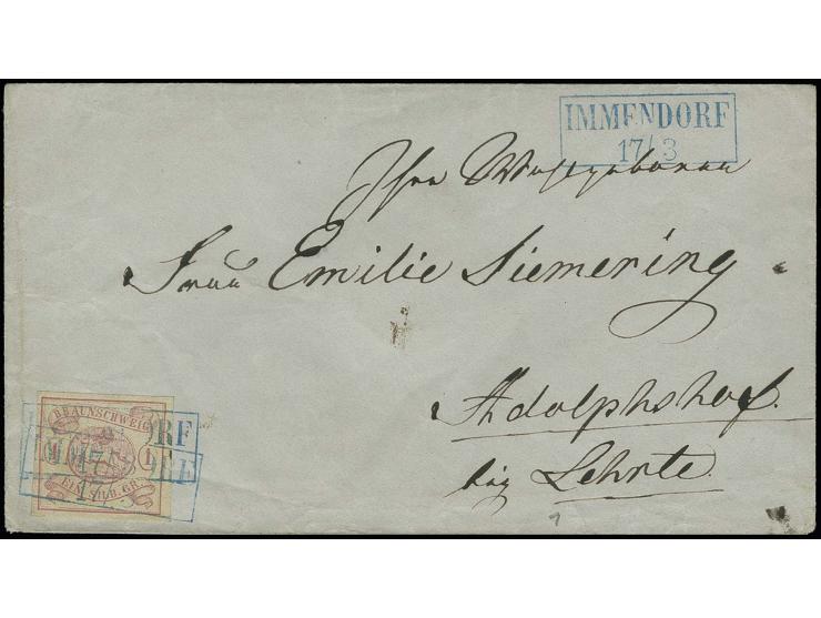 1852, 1 Sgr. rosa, voll- bis meist breitrandig mit 2mal auf- sowie zusätzlich nebengesetztem Ra2 "IMMENDORF 17/3" auf Briefku