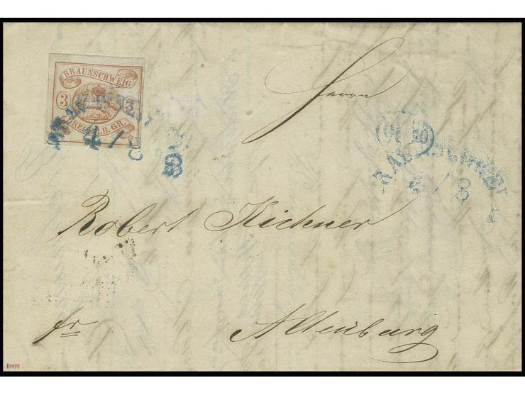 3 Sgr. orangerot, voll- bis meist breitrandig mit blauem Halbkreisstempel "BRAUNSCHWEIG 4/8" (1853) auf Faltbrief nach Altenb