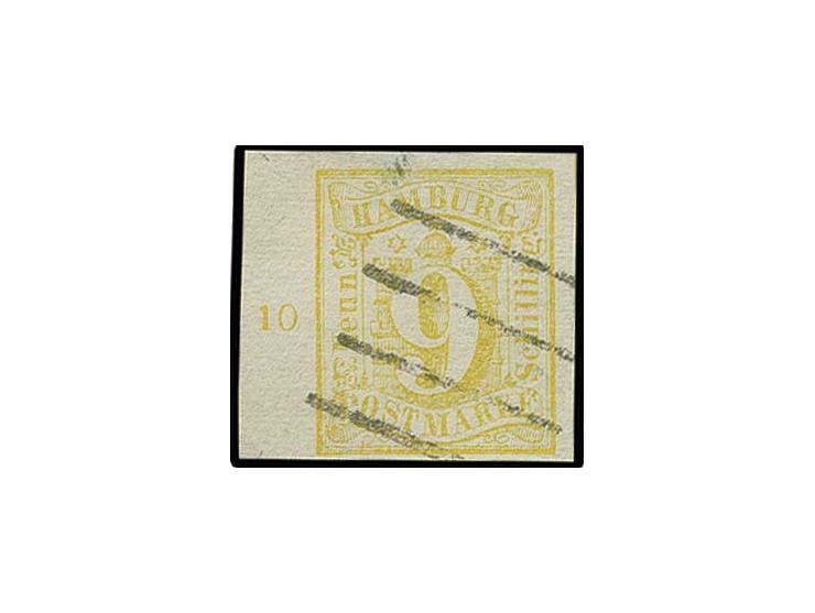 9 Sch. gelb, sehr schön farbfrisch und allseits breit- bis überrandig, links mit ca. 5 mm Bogenrand mit Reihenzähler "10", sa