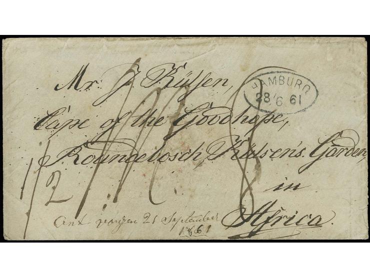 1861, Ovalstempel "HAMBURG 28/6 61" klar auf Portobrief via London nach Rondebosch / Kap der guten Hoffnung mit rückseitigem 