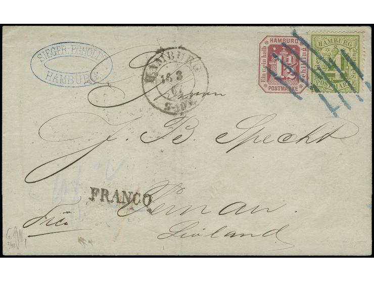 RUSSLAND (LITAUEN): 1864/67, 4 Schilling grün in Mischfrankatur mit 1866, Prägedruck 1½ Schilling karmin, beide sehr schön fa