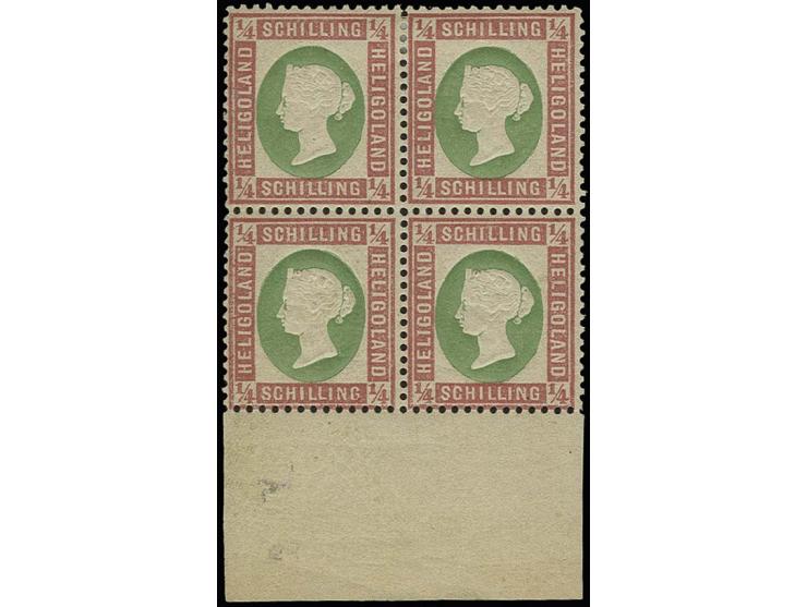 1873, ¼ Sch. lilarosa/graugrün im 4er-Block vom unteren Bogenrand, ungebraucht, die unteren Werte postfrisch, dazu 4er-Block 
