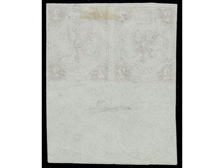 1859, 2 Sch. rötlichbraun, der Fehldruck mit Inschrift "ZWEI EIN HALB" im waagerechten Paar mit breitem unterem Bogenrand mit