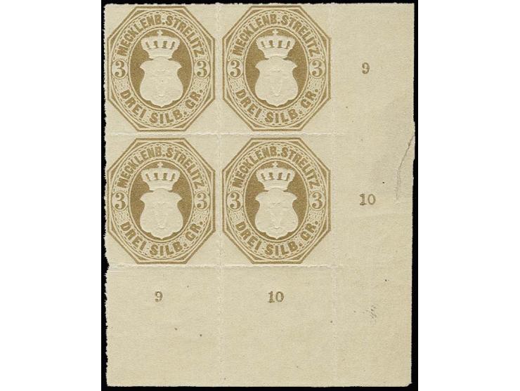 1864, 2. Wappenausgabe 3 Sgr. braunocker im 4er-Block aus der rechten unteren Bogenecke, postfrisch mit Falzspur im Seitenran