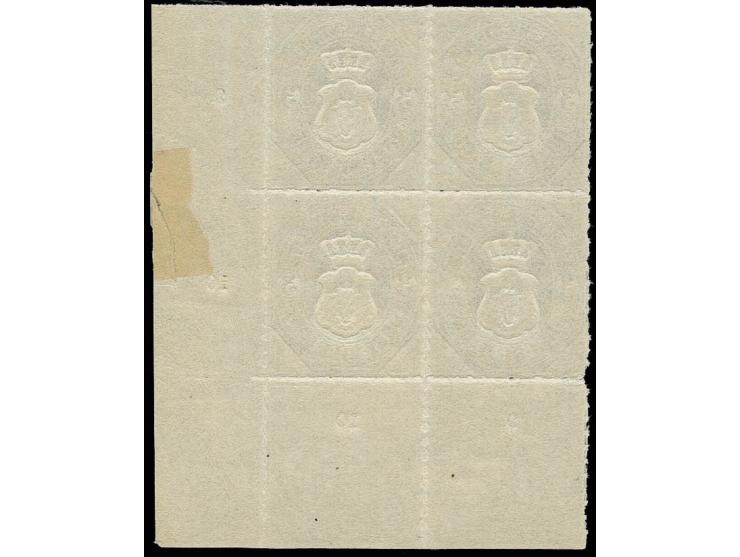 1864, 2. Wappenausgabe 3 Sgr. braunocker im 4er-Block aus der rechten unteren Bogenecke, postfrisch mit Falzspur im Seitenran